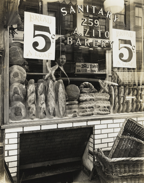 Berenice Abbott, Zito’s Bakery, 259 Bleecker Street , 1937, from Changing New York, 1935–39, gelatin silver print.  The Jewish Museum, New York, Purchase: Mimi and Barry J. Alperin Fund