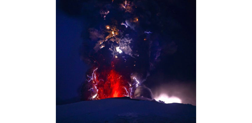 Lava and Lightning during Eyjafjalljokull Volcanic Eruption,  Iceland   April 18, 2010