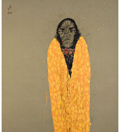 “The self-taught Syrian artist Sabhan Adam produces paintings filled with nervous, dripping lines and blocks of intense colour. . . In a culture in which the viewing and depiction of the body are bound by religious and social rules, Adam’s radical rethinking of the human figure and face is particularly challenging.” Credit: Sabhan Adam, Untitled (Figure in Yellow Coat), 2006, Private Collection, London