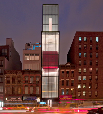 Building exterior (Night).  Sperone Westwater, 257 Bowery, New York. All Photograph courtesy of Nigel Young/Foster + Partners.