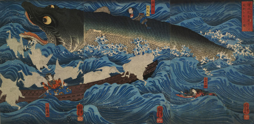 Tametomo Escapes a Crocodile-Shark and is Saved from Suicide by Tengu, 1851.