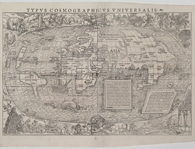 This map became the first to suggest the Earth's rotation around a central axis, powered by crank handles, published in Peter Martyr's Novus Orbis, 1532/ Courtesy: Walker & Company