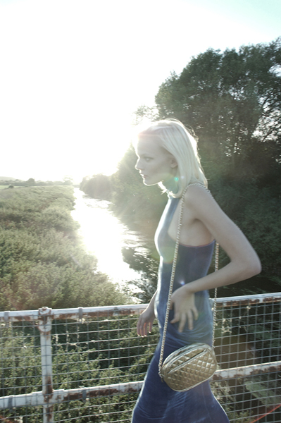 Long Blue Velvet Dress <strong>Hilda Maha</strong> Bag <strong>Beyond Retro</strong>