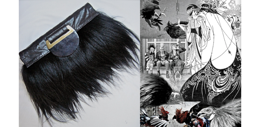 Right: Collage of Augousti inspirations: Aubrey Beardsley illustrations; 1970's London punks, fighting cocks; Left: Goat hair and lamb skin bag with black agate stone detail