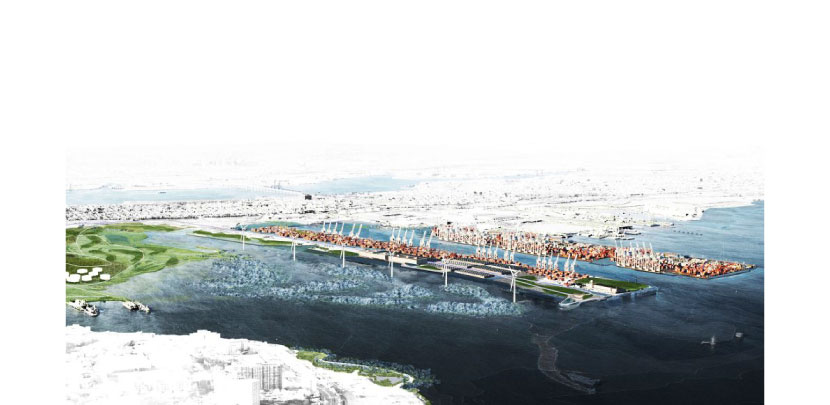 Matthew Baird Architect, rendering of shipping piers and glass reef